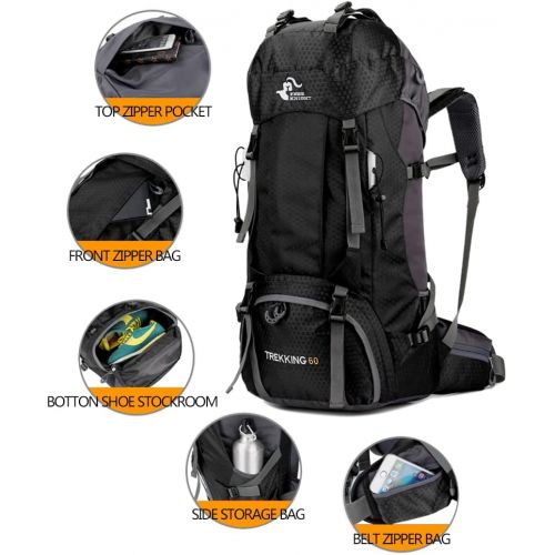  Bseash 60L Waterproof Lightweight Hiking Backpack with Rain Cover,Outdoor Sport Travel Daypack for Climbing Camping Touring
