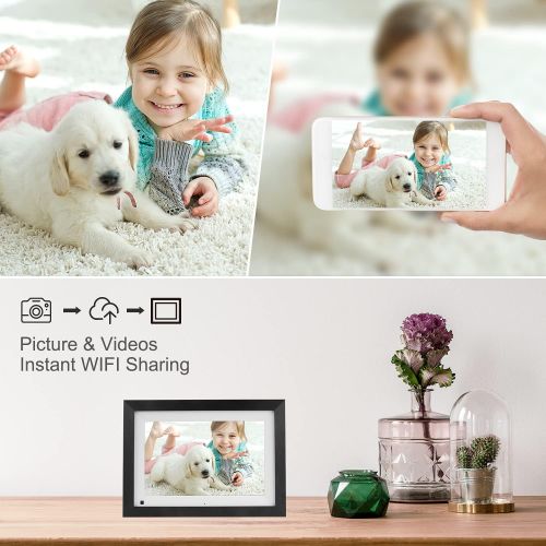  BSIMB Smart WiFi Digital Picture Frame 16GB with Wood Effect, 10.1 Inch HD IPS Display, Instantly Share Photos/Videos via App Email, Easy-to-Use Touch Screen, Auto Rotate in Landsc