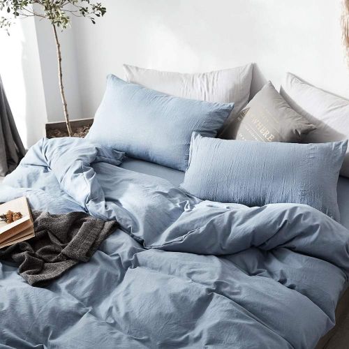  [아마존베스트]BuLuTu Comfy Washed Cotton Duvet Cover Set,Super Soft Duvet Cover and 2 Pillowcases for Kids Adults,Solid Blue Color Boys Bedding Sets with Zipper Closure,No Comforter(Twin Size)