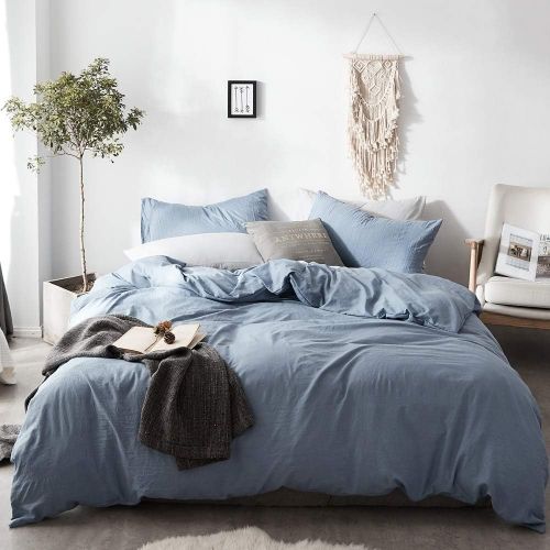  [아마존베스트]BuLuTu Comfy Washed Cotton Duvet Cover Set,Super Soft Duvet Cover and 2 Pillowcases for Kids Adults,Solid Blue Color Boys Bedding Sets with Zipper Closure,No Comforter(Twin Size)