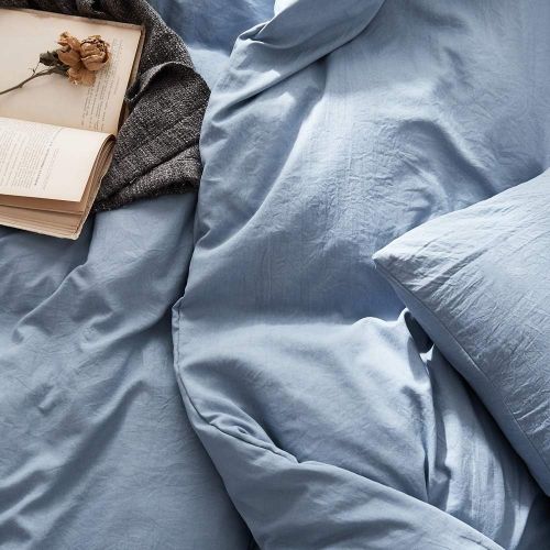  [아마존베스트]BuLuTu Comfy Washed Cotton Duvet Cover Set,Super Soft Duvet Cover and 2 Pillowcases for Kids Adults,Solid Blue Color Boys Bedding Sets with Zipper Closure,No Comforter(Twin Size)