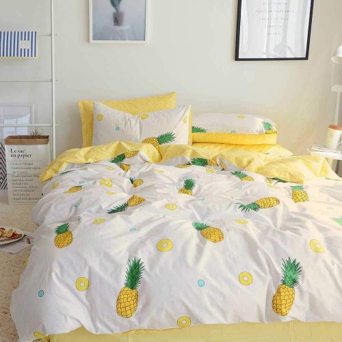  [아마존베스트]BuLuTu Pineapple Kids Duvet Cover Twin Cotton Cream White,Reversible Yellow Geometric 3 Pieces Lightweight 100% Cotton Bedding Sets,1 Twin Duvet Cover + 2 Pillow Shams,No Comforter