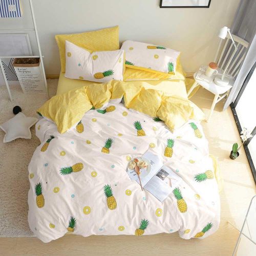  [아마존베스트]BuLuTu Pineapple Kids Duvet Cover Twin Cotton Cream White,Reversible Yellow Geometric 3 Pieces Lightweight 100% Cotton Bedding Sets,1 Twin Duvet Cover + 2 Pillow Shams,No Comforter