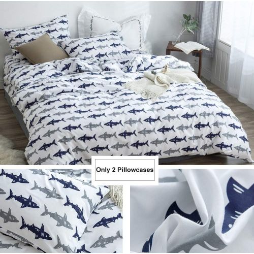  BuLuTu Cotton Navy/Grey Shark Print Bed Pillowcases Set of 2 Queen White Fish Pillow Covers Decorative Standard For Boys Girls Envelope Closure End Premium,Breathable,Hypoallergeni