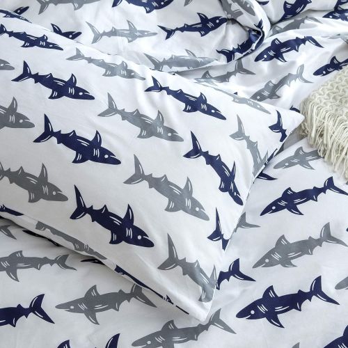  BuLuTu Cotton Navy/Grey Shark Print Bed Pillowcases Set of 2 Queen White Fish Pillow Covers Decorative Standard For Boys Girls Envelope Closure End Premium,Breathable,Hypoallergeni
