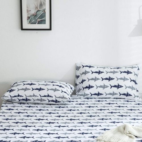  BuLuTu Cotton Navy/Grey Shark Print Bed Pillowcases Set of 2 Queen White Fish Pillow Covers Decorative Standard For Boys Girls Envelope Closure End Premium,Breathable,Hypoallergeni