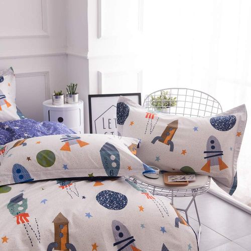  [아마존베스트]BuLuTu Space Rocket Print Boys Duvet Cover Twin Cotton White Blue Universe Adventure Theme Star Kids Girls Bedding Sets,Astronomy 3 Pieces Boy Bedding with 2 Pillow Shams,No Comfor