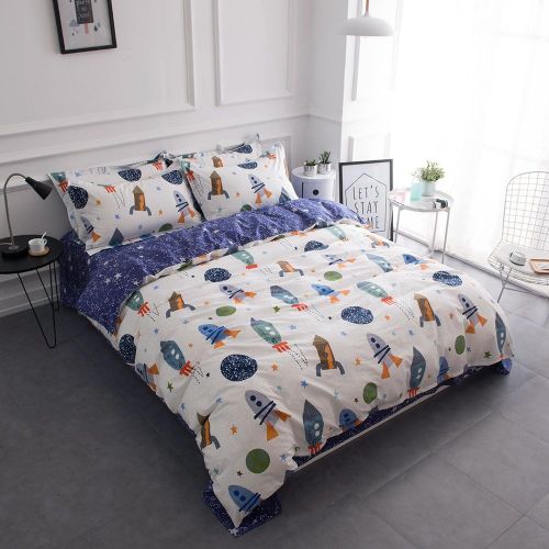  [아마존베스트]BuLuTu Space Rocket Print Boys Duvet Cover Twin Cotton White Blue Universe Adventure Theme Star Kids Girls Bedding Sets,Astronomy 3 Pieces Boy Bedding with 2 Pillow Shams,No Comfor