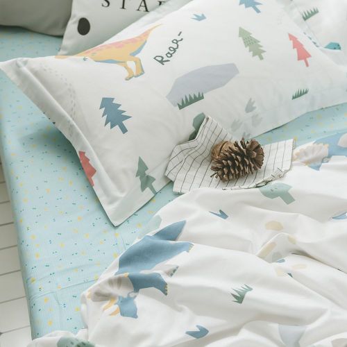  BuLuTu Dinosaur Queen Kids Duvet Cover White Boys Girls 100% Cotton,3 Pieces Premium Soft Reversible Dino Forest Print Teen Bedding Sets FullQueen with Zipper Closure and Ties,Cut