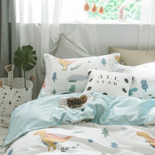  BuLuTu Dinosaur Queen Kids Duvet Cover White Boys Girls 100% Cotton,3 Pieces Premium Soft Reversible Dino Forest Print Teen Bedding Sets FullQueen with Zipper Closure and Ties,Cut