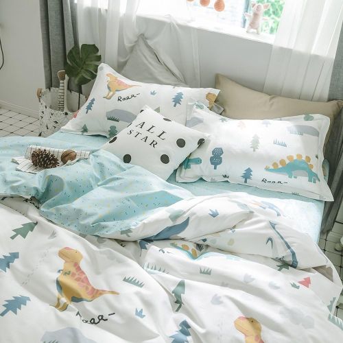  BuLuTu Dinosaur Queen Kids Duvet Cover White Boys Girls 100% Cotton,3 Pieces Premium Soft Reversible Dino Forest Print Teen Bedding Sets FullQueen with Zipper Closure and Ties,Cut