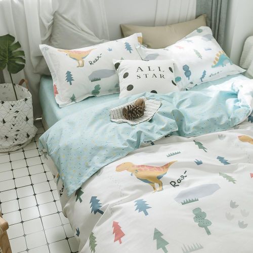  BuLuTu Dinosaur Queen Kids Duvet Cover White Boys Girls 100% Cotton,3 Pieces Premium Soft Reversible Dino Forest Print Teen Bedding Sets FullQueen with Zipper Closure and Ties,Cut