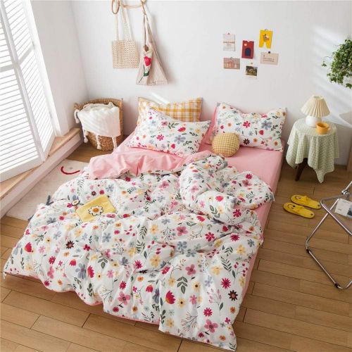  BuLuTu Floral Love Print Girls Duvet Cover Full WhitePink Cotton Premium Blossom Kawaii Reversible Colorful Kids Bedroom Comforter Cover Queen Bedding Sets for Teen,Lightweight,Zi