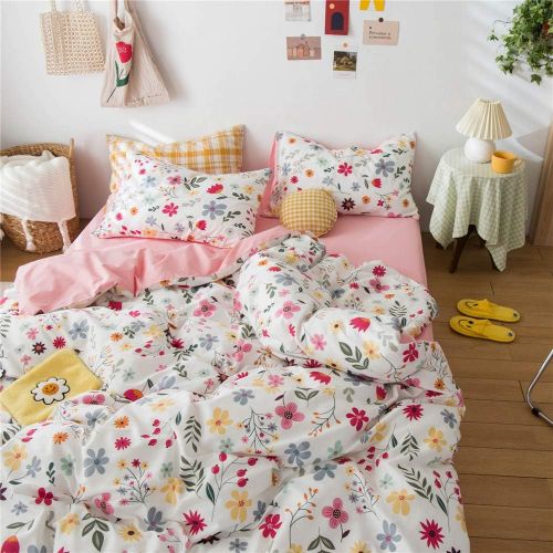  BuLuTu Floral Love Print Girls Duvet Cover Full WhitePink Cotton Premium Blossom Kawaii Reversible Colorful Kids Bedroom Comforter Cover Queen Bedding Sets for Teen,Lightweight,Zi