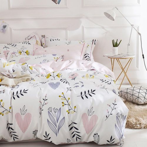  BuLuTu Floral Love Print Girls Duvet Cover Full WhitePink Cotton Premium Blossom Kawaii Reversible Colorful Kids Bedroom Comforter Cover Queen Bedding Sets for Teen,Lightweight,Zi