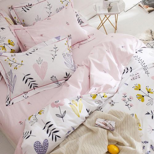  BuLuTu Floral Love Print Girls Duvet Cover Full WhitePink Cotton Premium Blossom Kawaii Reversible Colorful Kids Bedroom Comforter Cover Queen Bedding Sets for Teen,Lightweight,Zi