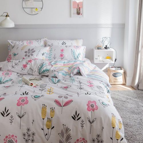  BuLuTu Floral Love Print Girls Duvet Cover Full WhitePink Cotton Premium Blossom Kawaii Reversible Colorful Kids Bedroom Comforter Cover Queen Bedding Sets for Teen,Lightweight,Zi