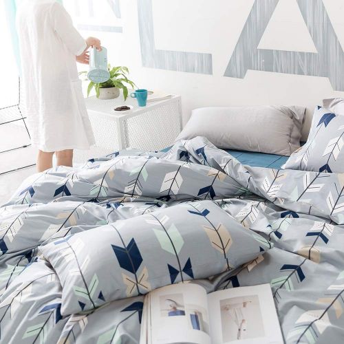  BuLuTu Cotton Kids Bedding Duvet Cover Sets Twin Grey for Boys Girls Leaf Botanical Arrows Teen Bedding Sets Zipper Closure for Children,1 Duvet Cover + 2 Pillowcases,Twin