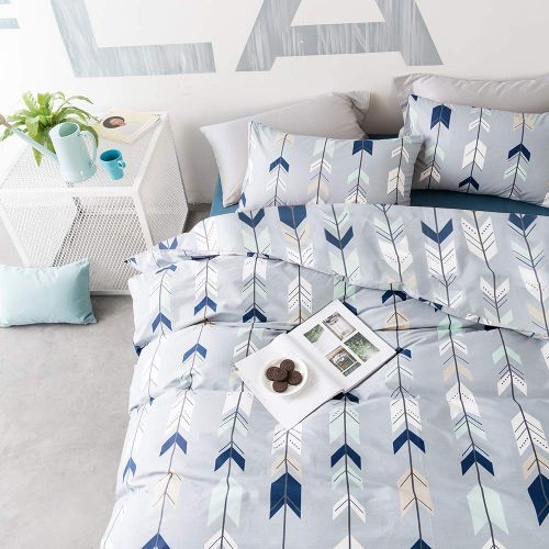  BuLuTu Cotton Kids Bedding Duvet Cover Sets Twin Grey for Boys Girls Leaf Botanical Arrows Teen Bedding Sets Zipper Closure for Children,1 Duvet Cover + 2 Pillowcases,Twin