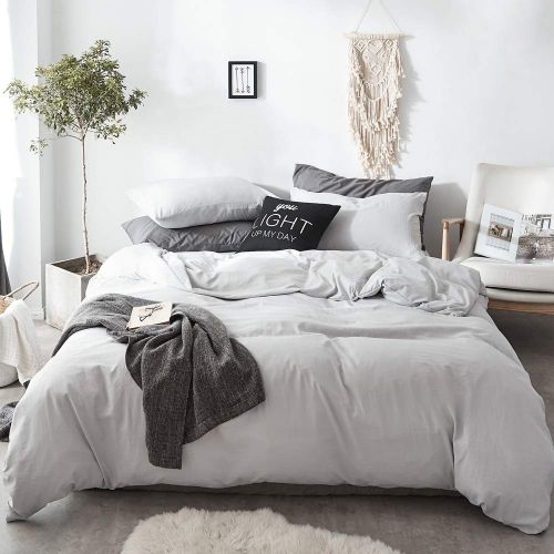  BuLuTu Silver Gray Duvet Cover Set Queen Boys Girls with Zipper Closure and Ties,Luxury Super Soft Full Duvet Cover Washed Cotton for Kids Adults,Solid Modern 3 Pieces Queen Bedding Sets