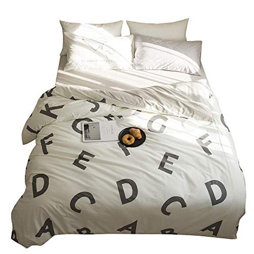  BuLuTu Kids Duvet Cover Full Set 100% Cotton English Alphabet Print Pattern Queen Bedding Sets With 2 Pillow Shams-Premium White Bedding Collections 3 Pieces Zipper Closure For Chi