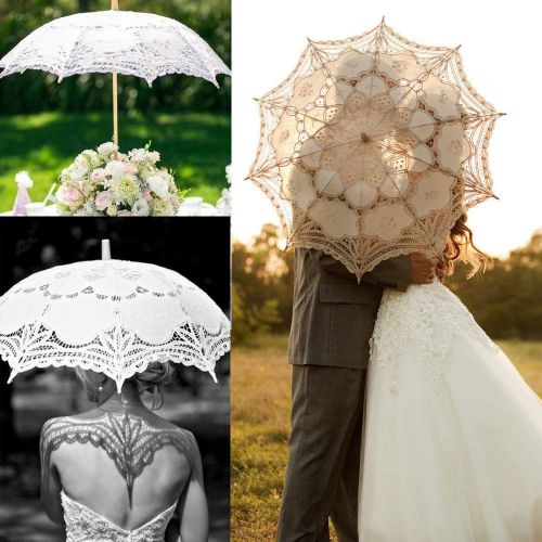  Bubble-Princess - White Vintage Lace Umbrella Bridal Parasol Umbrella with Long-handle Wedding Favors Bridal Wedding Po Props Shower Decoration