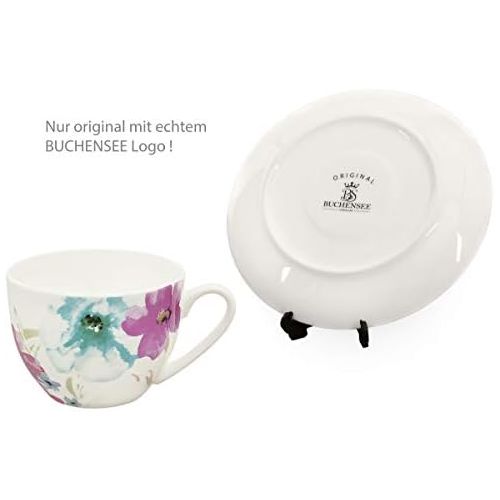  Buchensee Kaffeeservice aus Fine Bone China Porzellan. Tee- / Kaffeekanne 1,5l mit stilvollem Blumendekor, 6 Kaffeetassen, 6 Unterteller und Stoevchen.