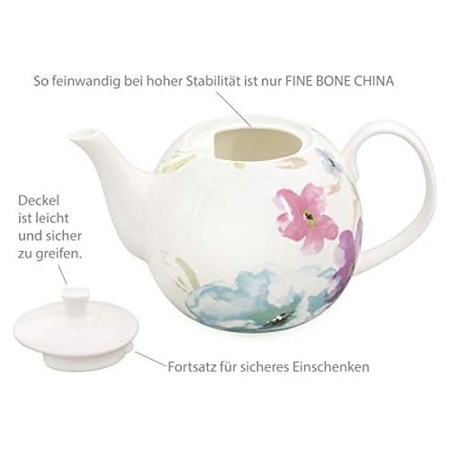  Buchensee Kaffeeservice aus Fine Bone China Porzellan. Tee- / Kaffeekanne 1,5l mit stilvollem Blumendekor, 6 Kaffeetassen, 6 Unterteller und Stoevchen.