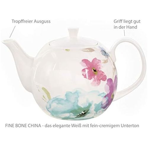  Buchensee Kaffeeservice aus Fine Bone China Porzellan. Tee- / Kaffeekanne 1,5l mit stilvollem Blumendekor, 6 Kaffeetassen, 6 Unterteller und Stoevchen.