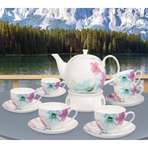  Buchensee Kaffeeservice aus Fine Bone China Porzellan. Tee- / Kaffeekanne 1,5l mit stilvollem Blumendekor, 6 Kaffeetassen, 6 Unterteller und Stoevchen.