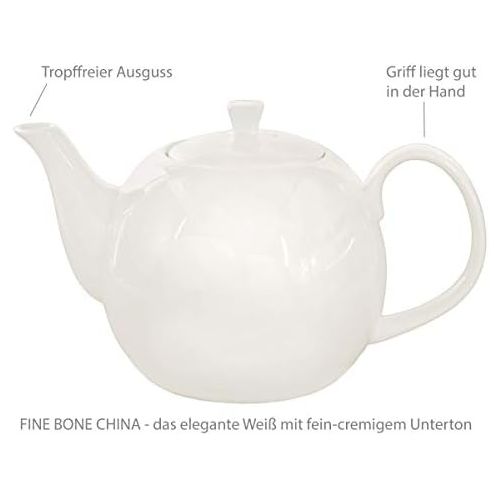  Buchensee Teeservice aus Fine Bone China Porzellan. Teekanne in fein-cremigem Weiss mit 1,5l Fuellvolumen, 6 Teetassen und 6 Unterteller.