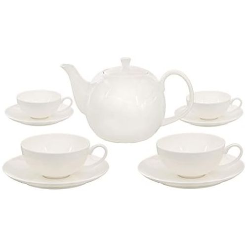  Buchensee Teeservice aus Fine Bone China Porzellan. Teekanne in fein-cremigem Weiss mit 1,5l Fuellvolumen, 4 Teetassen und 4 Unterteller.