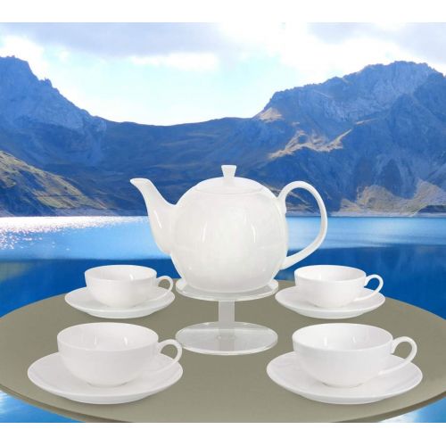  Buchensee Teeservice aus Fine Bone China Porzellan. Teekanne in fein-cremigem Weiss mit 1,5l Fuellvolumen, 4 Teetassen und 4 Unterteller.