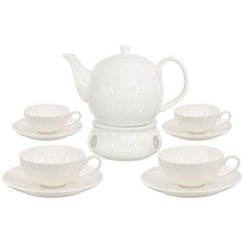  Buchensee Teeservice aus Fine Bone China Porzellan. Teekanne 1,5l mit stilvollem Rautendekor, 4 Teetassen, 4 Unterteller und Stoevchen.