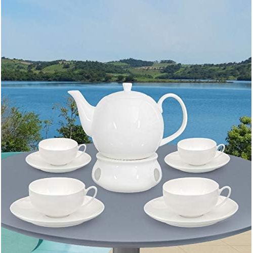  Buchensee Teeservice aus Fine Bone China Porzellan. Teekanne 1,5l mit stilvollem Rautendekor, 4 Teetassen, 4 Unterteller und Stoevchen.