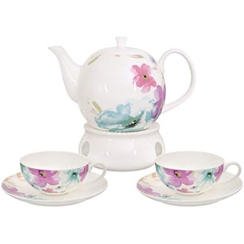  Buchensee Teeservice aus Fine Bone China Porzellan. Teekanne 1,5l mit stilvollem Blumendekor, 2 Teetassen, 2 Unterteller und Stoevchen.