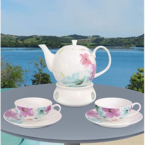  Buchensee Teeservice aus Fine Bone China Porzellan. Teekanne 1,5l mit stilvollem Blumendekor, 2 Teetassen, 2 Unterteller und Stoevchen.