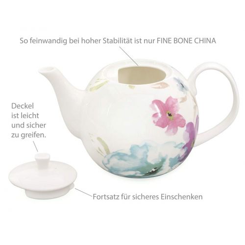  Buchensee Porzellan Kanne 1,5 Liter. Elegante Teekanne/Kaffeekanne aus Fine Bone China mit stilvollem Blumendekor etc.
