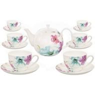 Buchensee Kaffeeservice aus Fine Bone China Porzellan. Tee- / Kaffeekanne 1,5l mit stilvollem Blumendekor, 6 Kaffeetassen und 6 Unterteller.