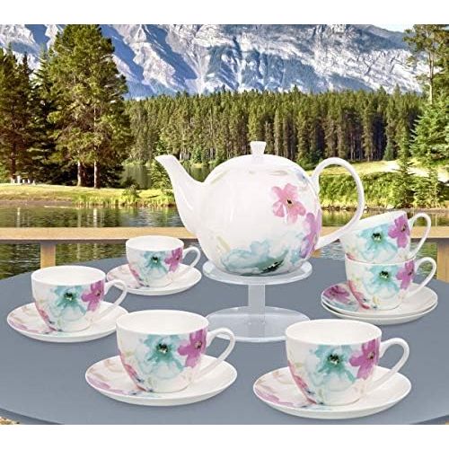  Buchensee Kaffeeservice aus Fine Bone China Porzellan. Tee- / Kaffeekanne 1,5l mit stilvollem Blumendekor, 6 Kaffeetassen und 6 Unterteller.