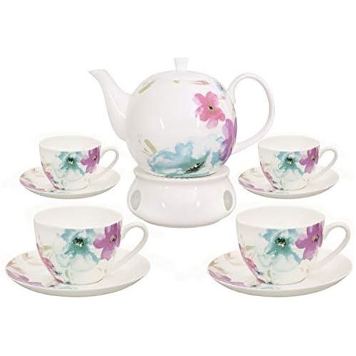  Buchensee Kaffeeservice aus Fine Bone China Porzellan. Tee- / Kaffeekanne 1,5l mit stilvollem Blumendekor, 4 Kaffeetassen, 4 Unterteller und Stoevchen.