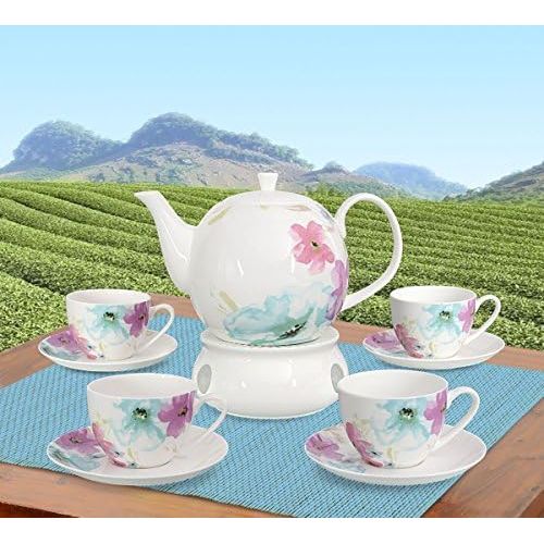  Buchensee Kaffeeservice aus Fine Bone China Porzellan. Tee- / Kaffeekanne 1,5l mit stilvollem Blumendekor, 4 Kaffeetassen, 4 Unterteller und Stoevchen.