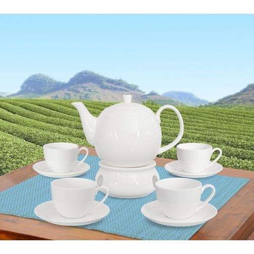  Buchensee Kaffeeservice aus Fine Bone China Porzellan. Tee- / Kaffeekanne in fein-cremigem Weiss mit 1,5l Fuellvolumen, 4 Kaffeetassen, 4 Unterteller und Stoevchen.