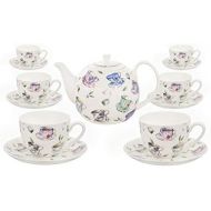 Buchensee Kaffeeservice aus Fine Bone China Porzellan. Tee- / Kaffeekanne 1,5l mit stilvollem Tassendekor, 6 Kaffeetassen und 6 Unterteller.