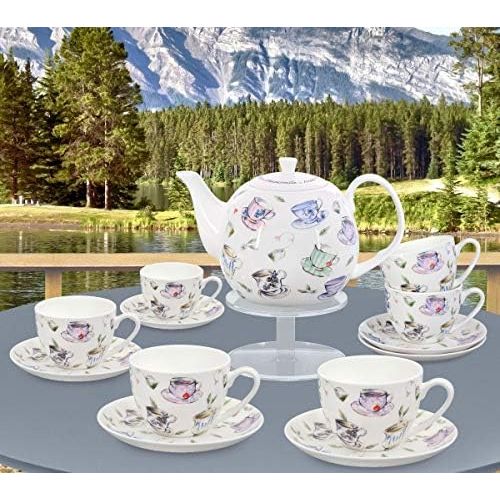  Buchensee Kaffeeservice aus Fine Bone China Porzellan. Tee- / Kaffeekanne 1,5l mit stilvollem Tassendekor, 6 Kaffeetassen und 6 Unterteller.