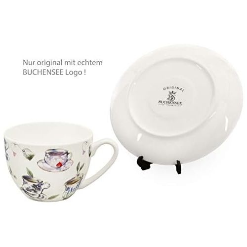  Buchensee Kaffeeservice aus Fine Bone China Porzellan. Tee- / Kaffeekanne 1,5l mit stilvollem Tassendekor, 2 Kaffeetassen, 2 Unterteller und Stoevchen.