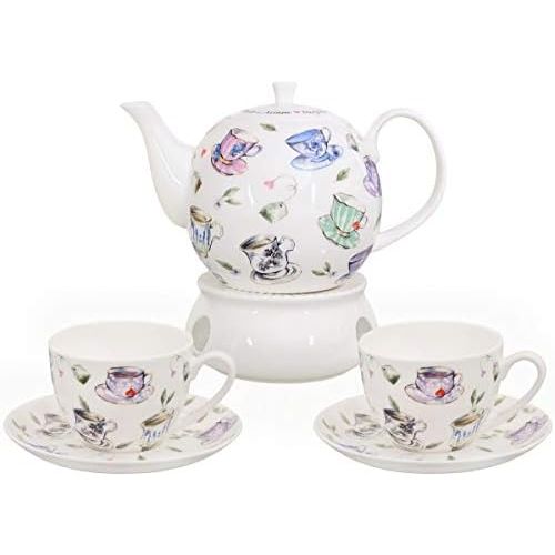  Buchensee Kaffeeservice aus Fine Bone China Porzellan. Tee- / Kaffeekanne 1,5l mit stilvollem Tassendekor, 2 Kaffeetassen, 2 Unterteller und Stoevchen.