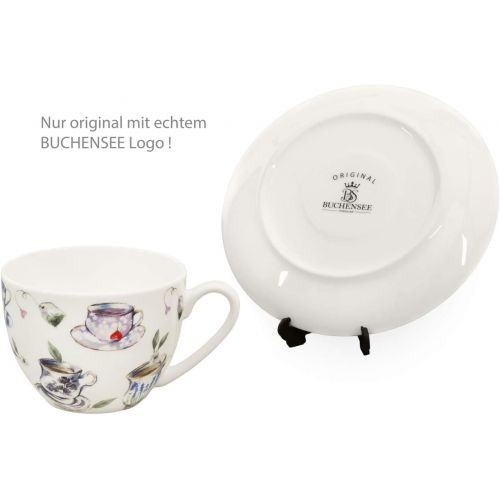  Buchensee Kaffeeservice aus Fine Bone China Porzellan. Tee- / Kaffeekanne 1,5l mit stilvollem Tassendekor, 2 Kaffeetassen, 2 Unterteller und Stoevchen.