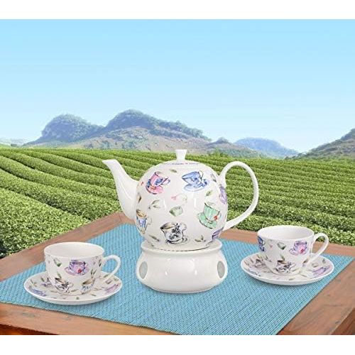  Buchensee Kaffeeservice aus Fine Bone China Porzellan. Tee- / Kaffeekanne 1,5l mit stilvollem Tassendekor, 2 Kaffeetassen, 2 Unterteller und Stoevchen.