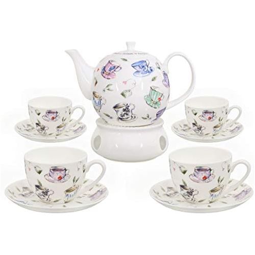  Buchensee Kaffeeservice aus Fine Bone China Porzellan. Tee- / Kaffeekanne 1,5l mit stilvollem Tassendekor, 4 Kaffeetassen, 4 Unterteller und Stoevchen.